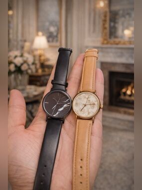 TWO WATCHES RUNNING Navy Blue and Tan Faux Leather Strap Watches Quartz Mvmt